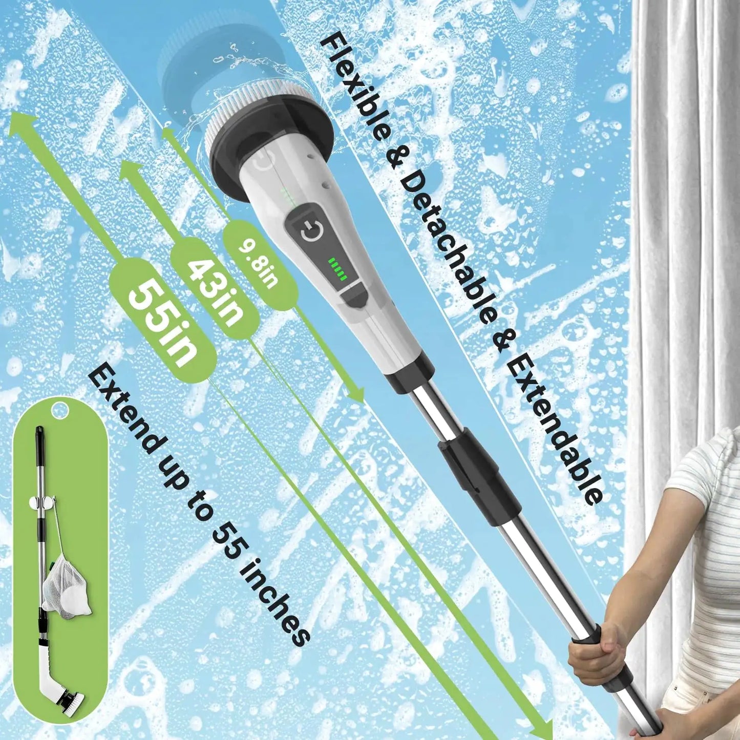 Electric Spin Scrubber, Cordless Cleaning Brush with 8 Replaceable Brush Heads, Power Shower Scrubber with Long Handle for Floor, Tile, Bathroom, Tub