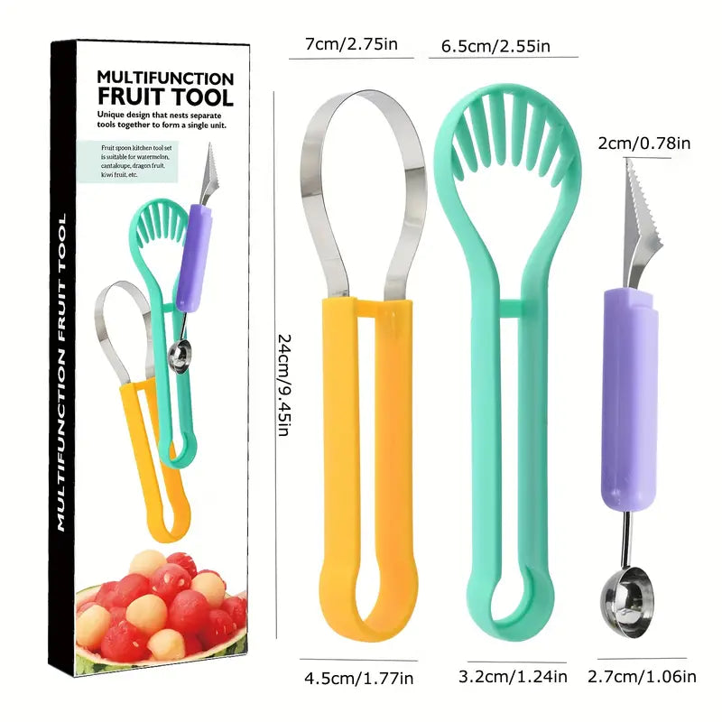 3-Piece Fruit Carving Knife Set with Melon and Ice Cream Scoops