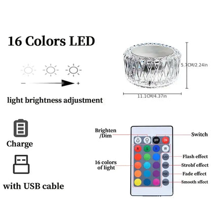 16-Color LED Crystal Table Lamp with Remote & Touch